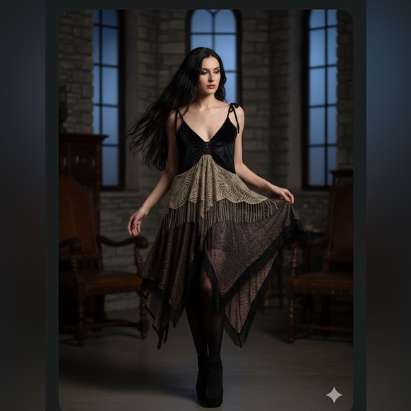 Tickle Thy Fantasy Velvet Lace Fringe Asymmetric Fairy Core Goth Grunge  Dress